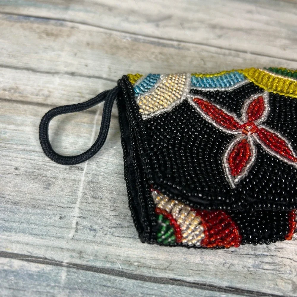 Vintage Beaded Coin Purse Wallet Small‎ Flap Floral Boho